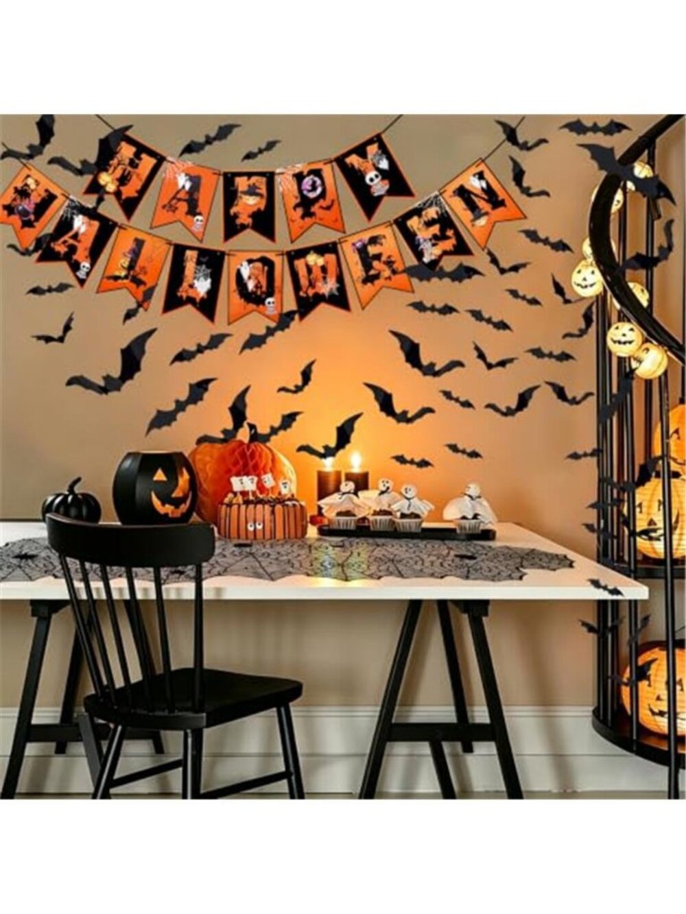 Halloween Table Runner 18 x 72 Inch Happy Halloween Banner 60pcs 3D Bats - Picture 7 of 7